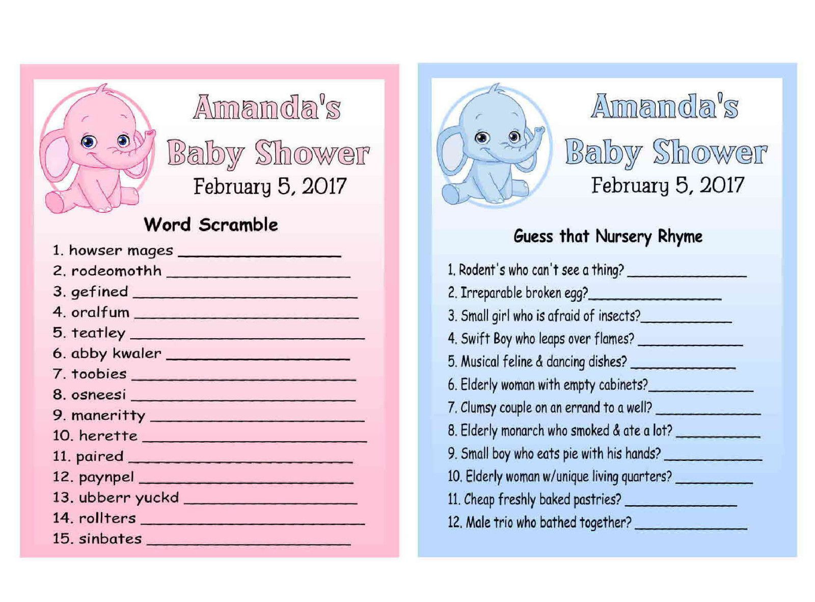 20 ELEPHANT BABY SHOWER GAME CARDS PERSONALIZED Baby Shower Game 