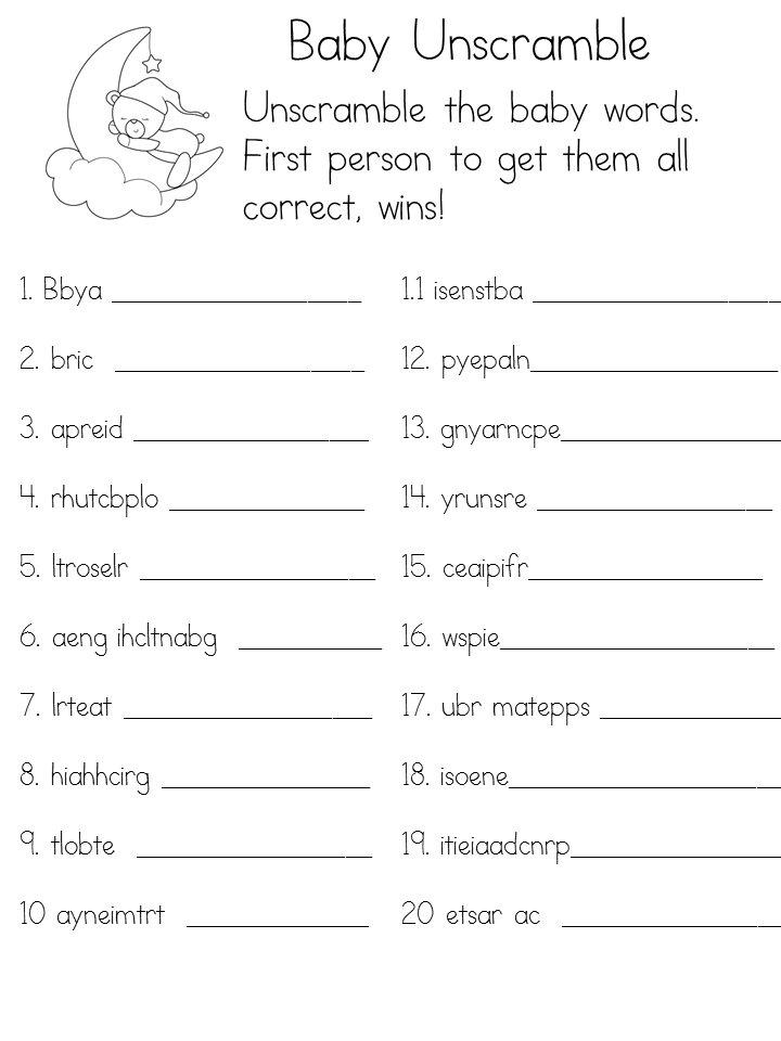 Baby Shower Unscramble Words Free Printable Baby Shower Word Scramble 
