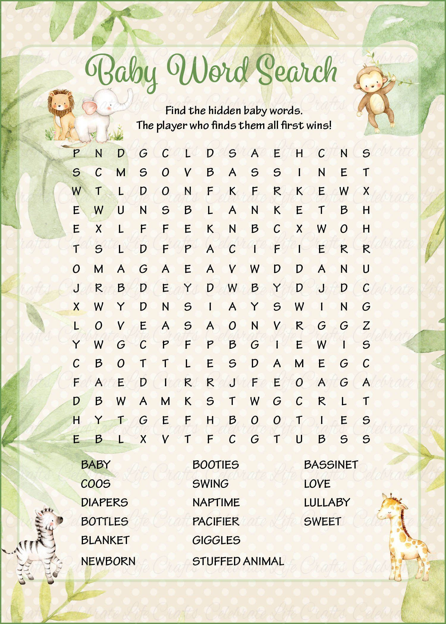 Baby Word Search Printable Download Safari Baby Shower Game B5003 