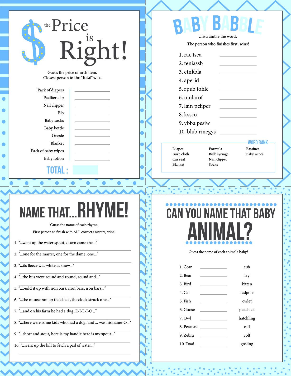 Blue Baby Shower Games Diaper Raffle 8 Games Answer Sheet Etsy 