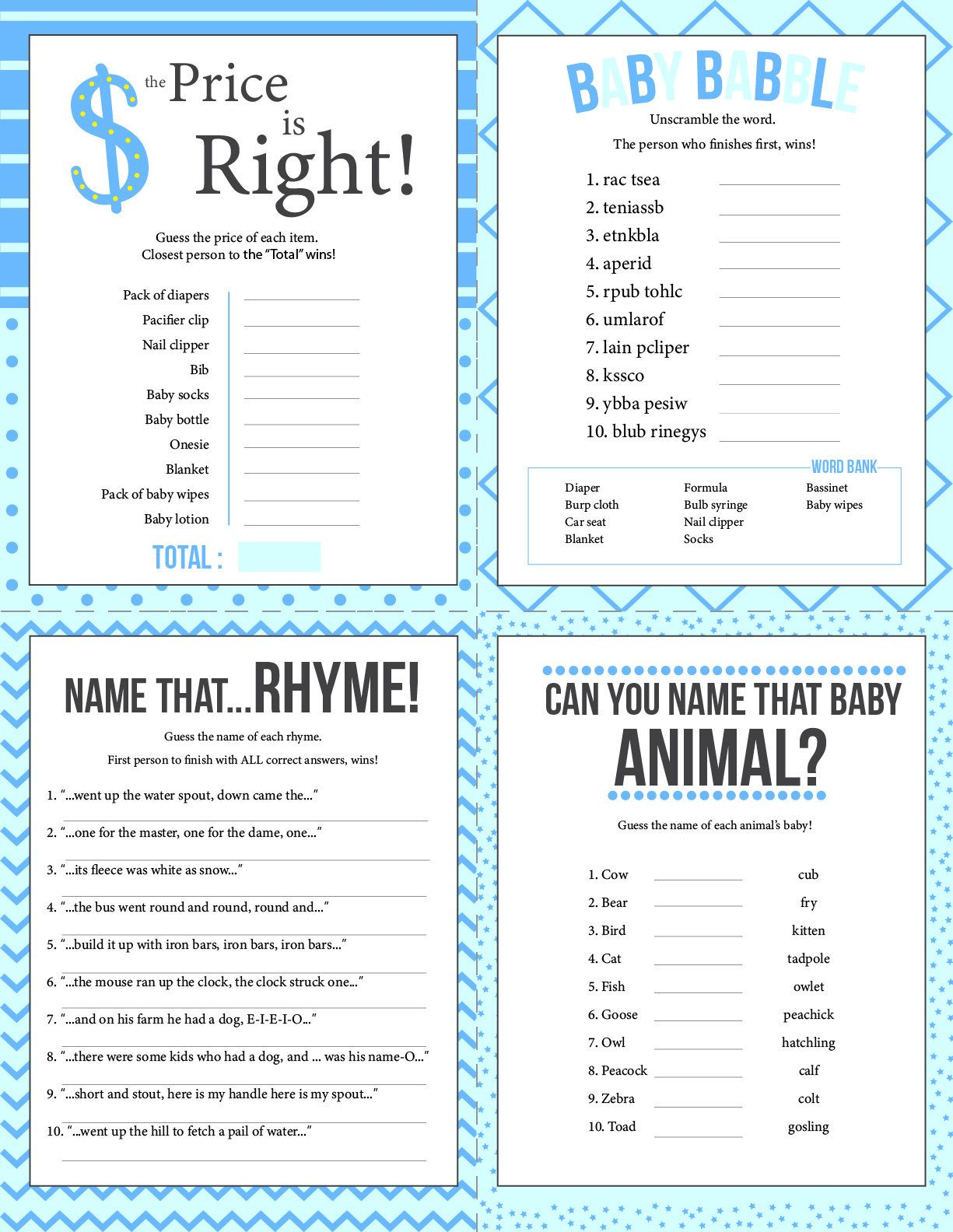 Blue Baby Shower Games Diaper Raffle 8 Games Answer Sheet Instant 