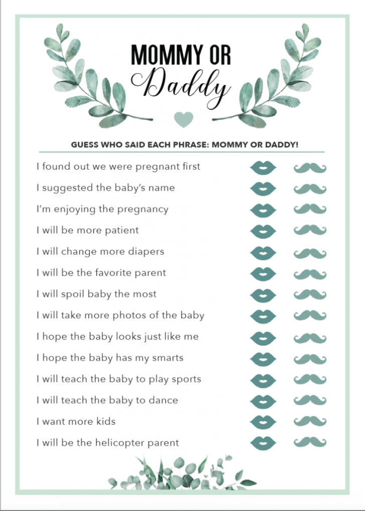 Baby Shower Games Free Printable Mommy Or Daddy