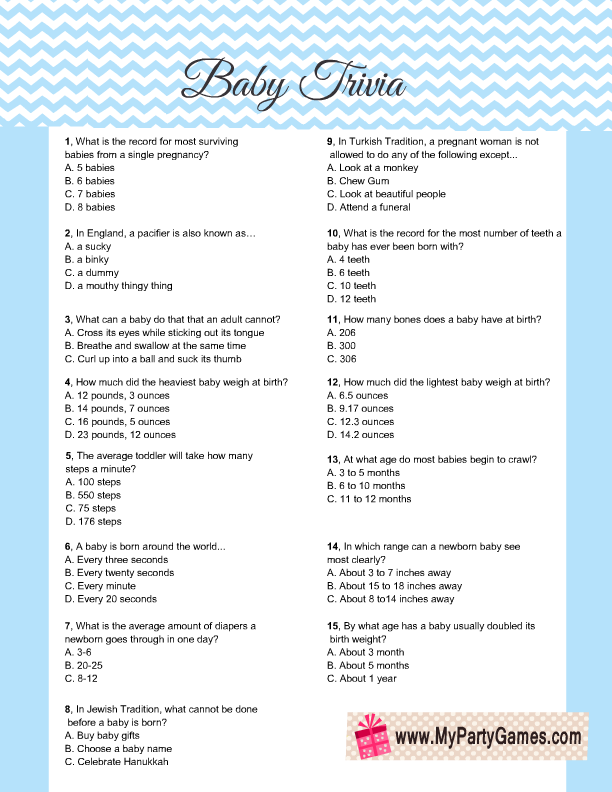 Baby Shower Games Free Printable Baby Trivia