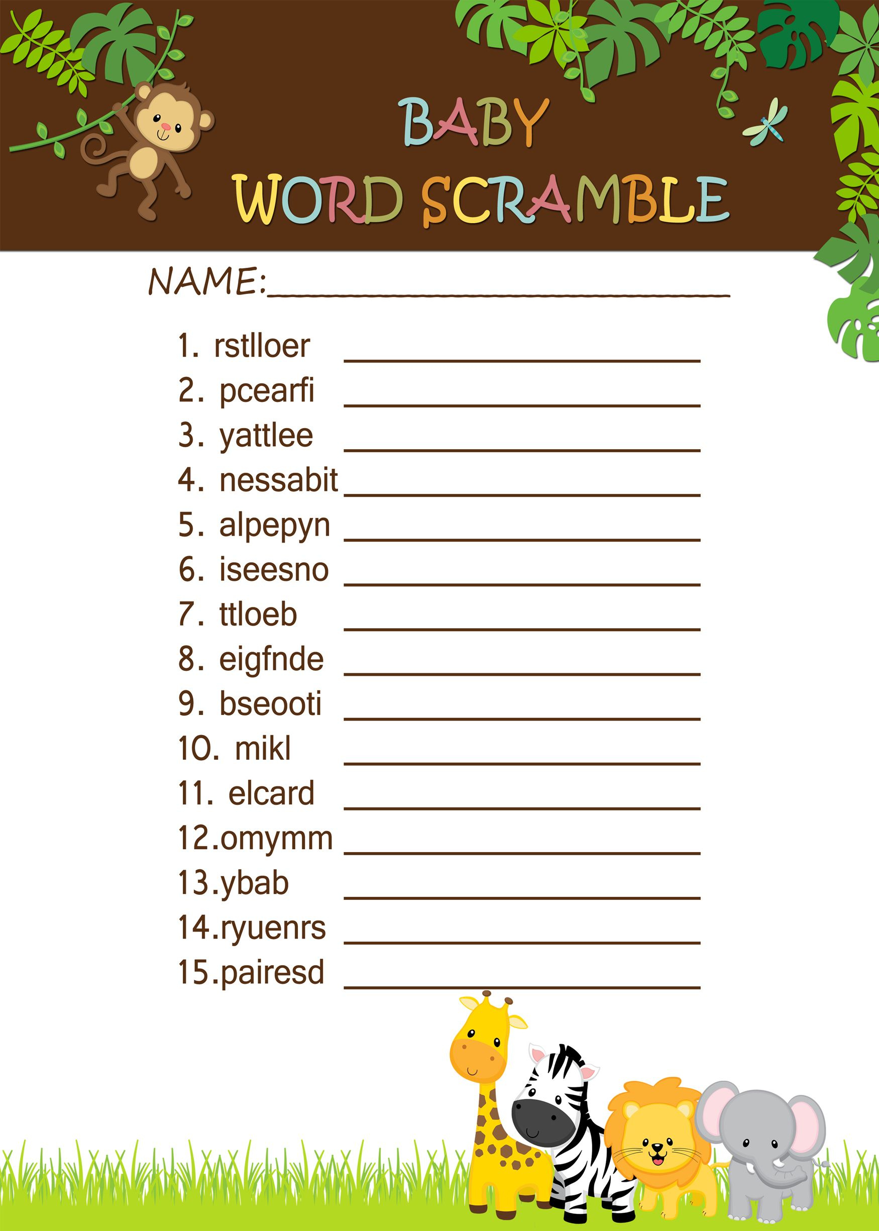 Jungle Safari Baby Shower Games Word Scramble 3 99 Baby Shower 