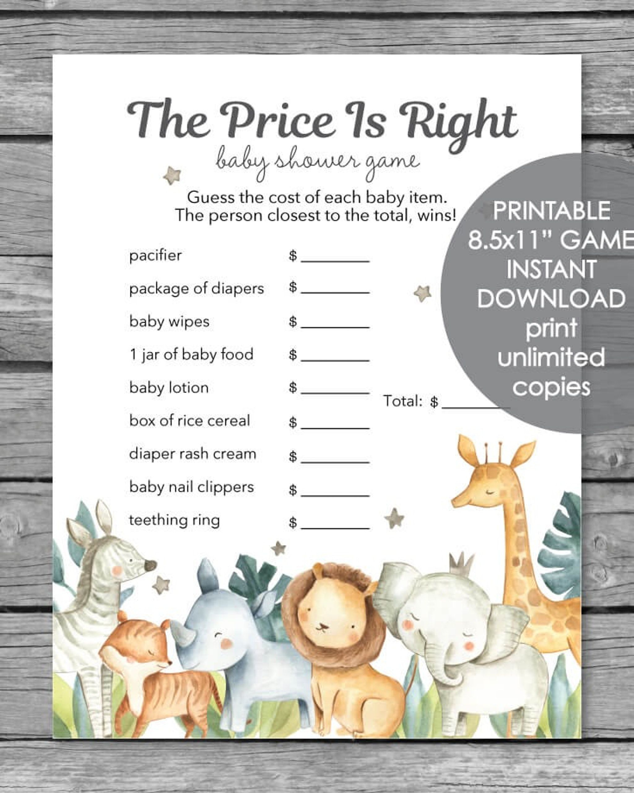 Printable Baby Shower Game The Price Is Right Jungle Safari Animals 