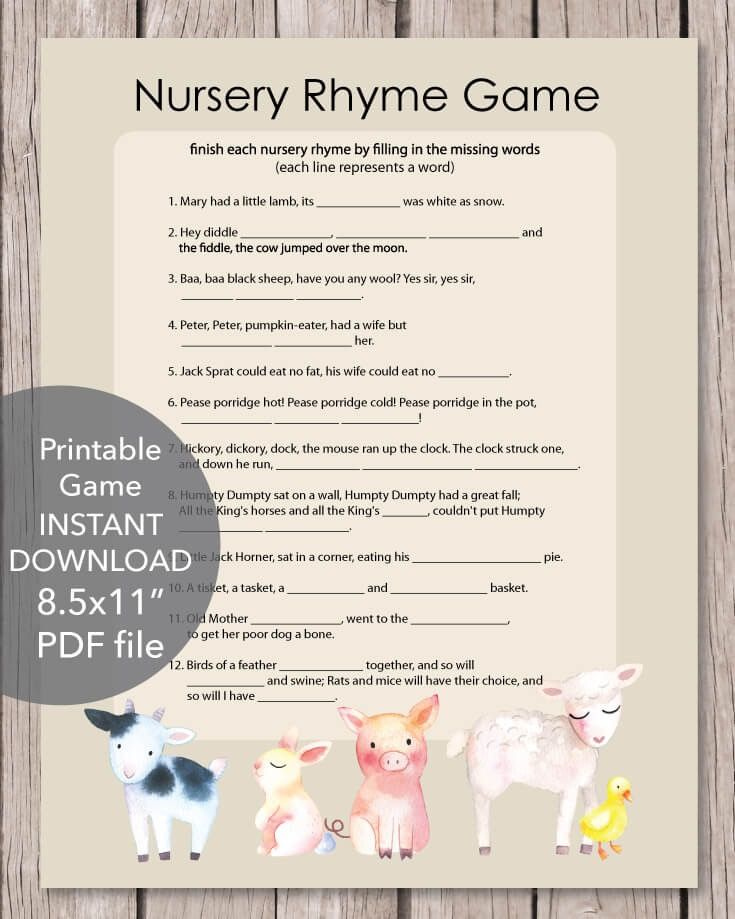 Printable Baby Shower Nursery Rhyme Game Baby Farm Animals Theme 