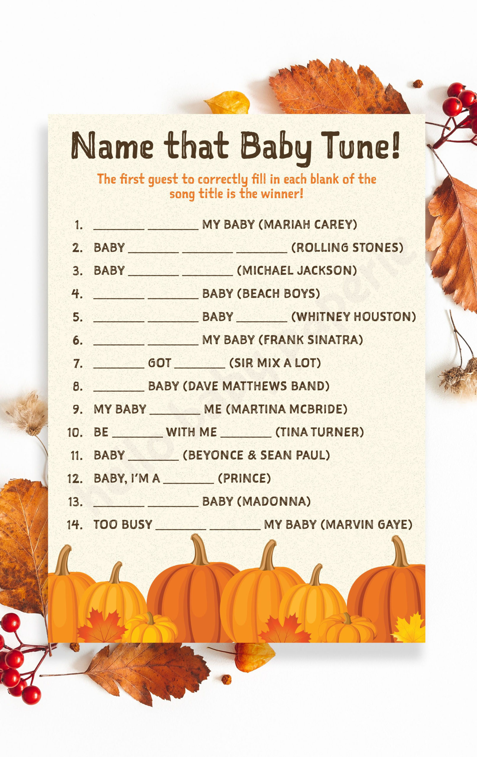 Pumpkin Baby Shower Game Name That Baby Tune Game Instant Download 