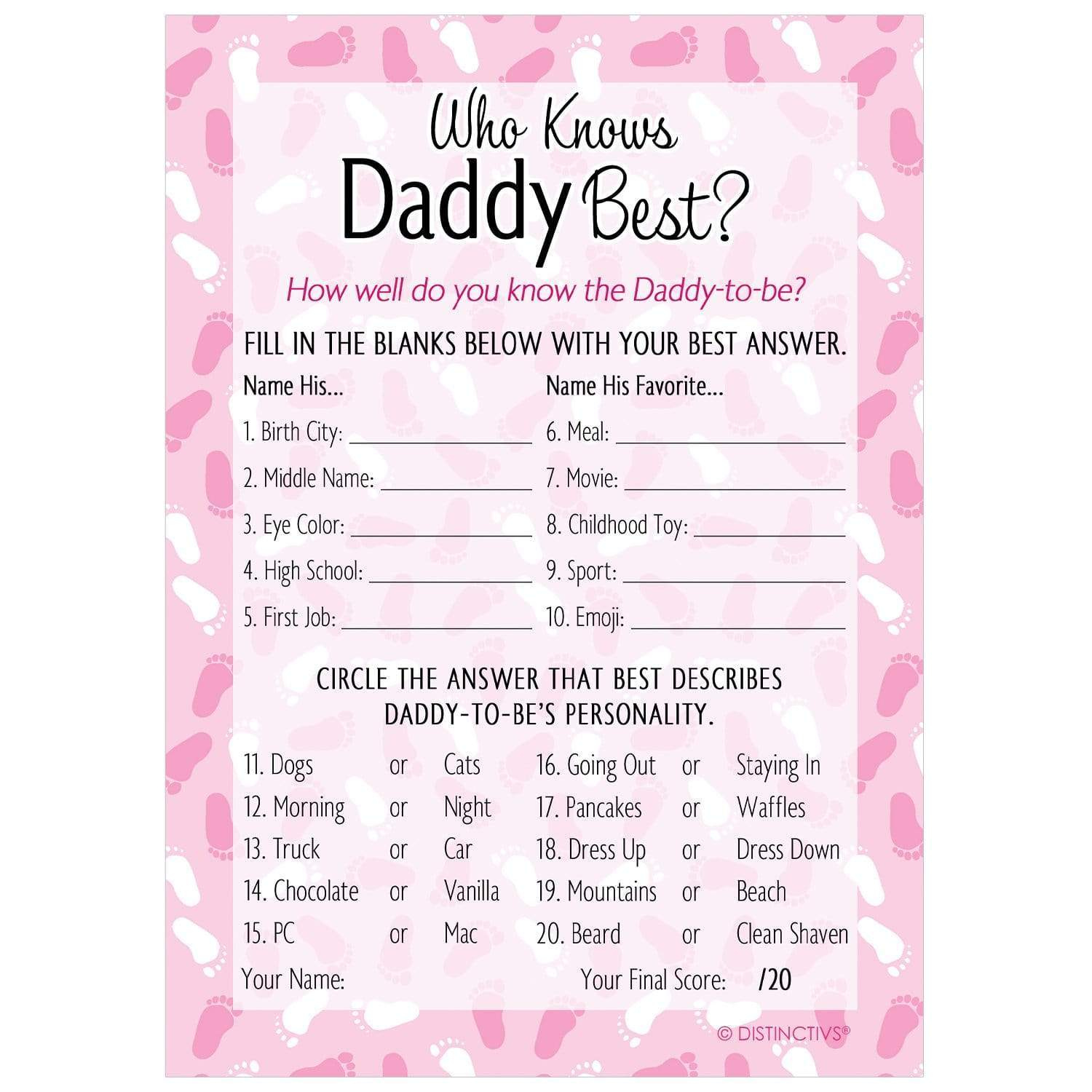 Who Knows Daddy Best Baby Shower Party Game 20 Cards It s A Girl 