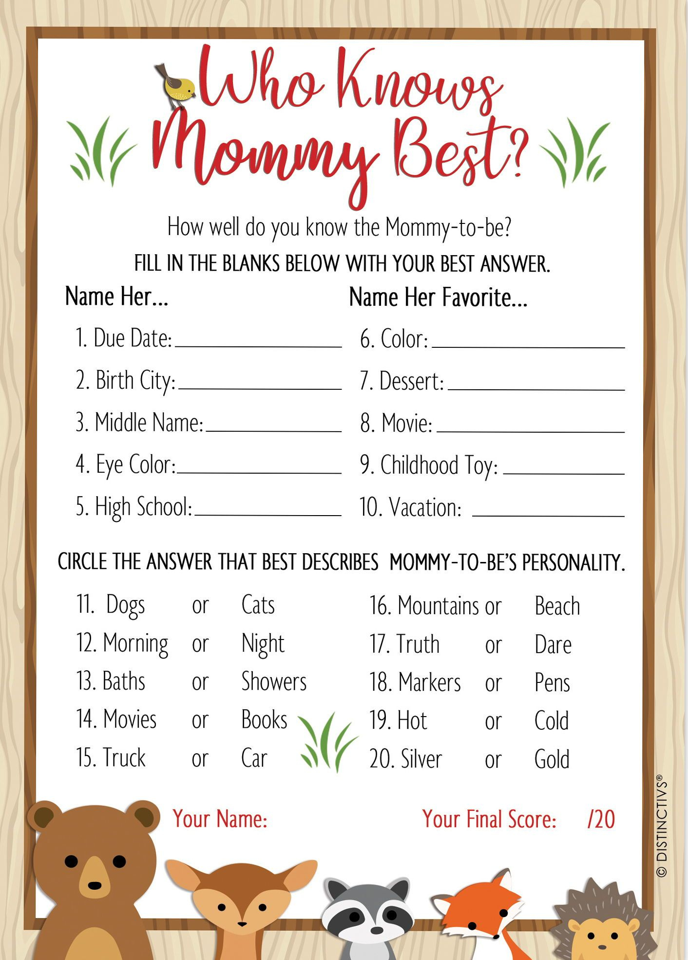 Woodland Baby Shower Game Cards Who Knows Mommy Best 20 Count 